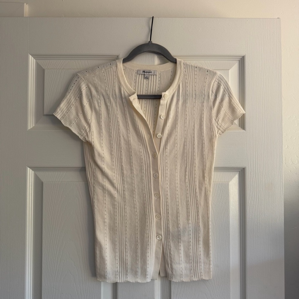 Madewell Cream Button-Up Short Sleeve Knit Top